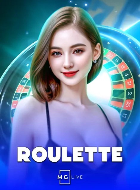 เกมหมุน ROULETTE จาก MG LIVE ดีลเลอร์หญิงกับวงล้อรูเล็ตบนพื้นฟ้าเขียว