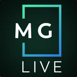 ป้าย MG LIVE ตัวอักษร MG และคำว่า LIVE บนพื้นเขียวเข้ม