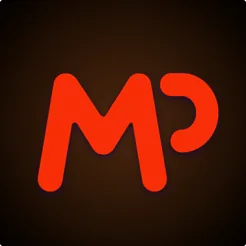 รูปตัวอักษร MP สีแดงส้มบนพื้นน้ำตาลเข้ม