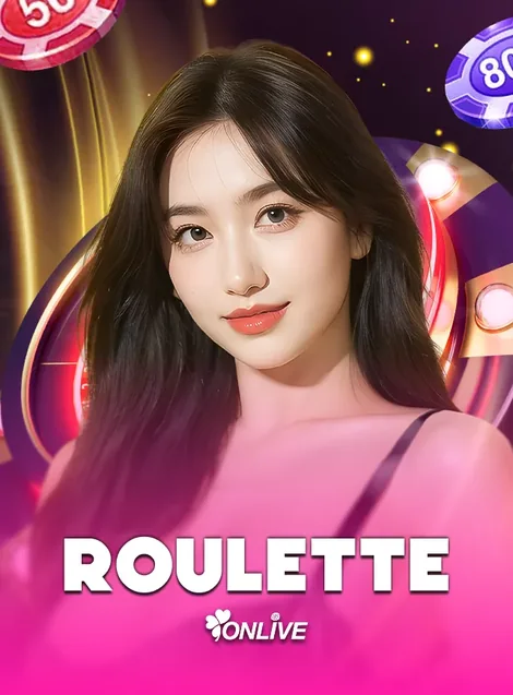 โต๊ะพนัน ROULETTE สังกัด ONLIVE ดีลเลอร์หญิงกับชิปคาสิโนบนพื้นชมพู