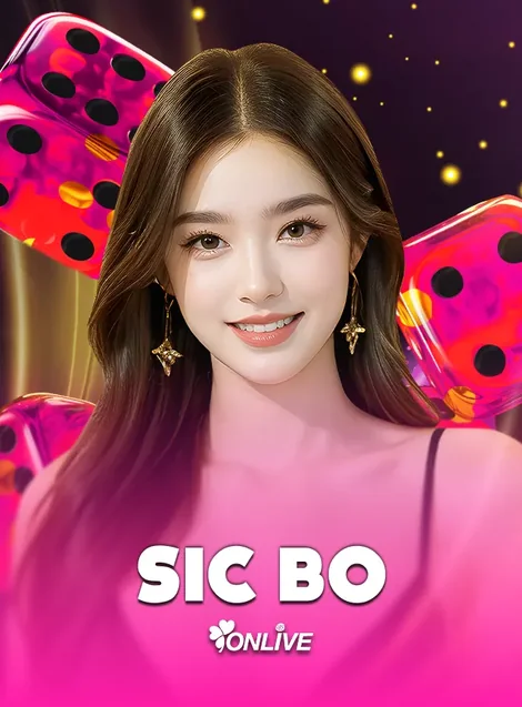กระดานไฮโล SIC BO ค่าย ONLIVE ดีลเลอร์หญิงกับลูกเต๋าสีแดงบนพื้นชมพู