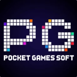 โลโก้ PG Pocket Games Soft ตัว PG พิกเซลสีขาวกับ POCKET GAMES SOFT